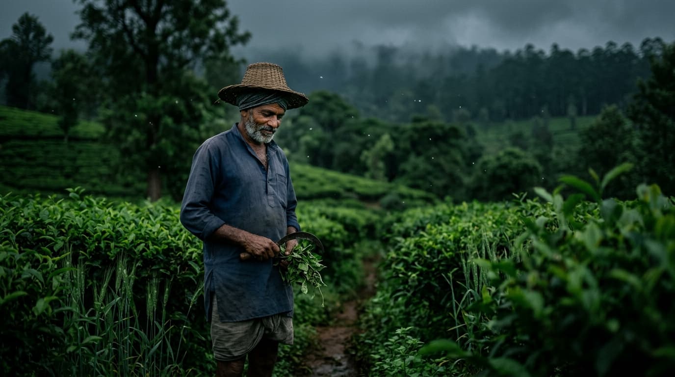 Farmer in rustic hat in lush agriculture field