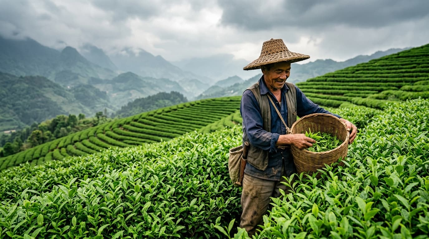 Lush agricultural tea hills in deep green morning atmosphere